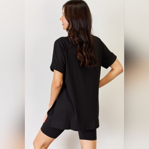 Zenana Full Size V-Neck Short Sleeve Slit T-Shirt and Shorts Set - Picture 3 of 12